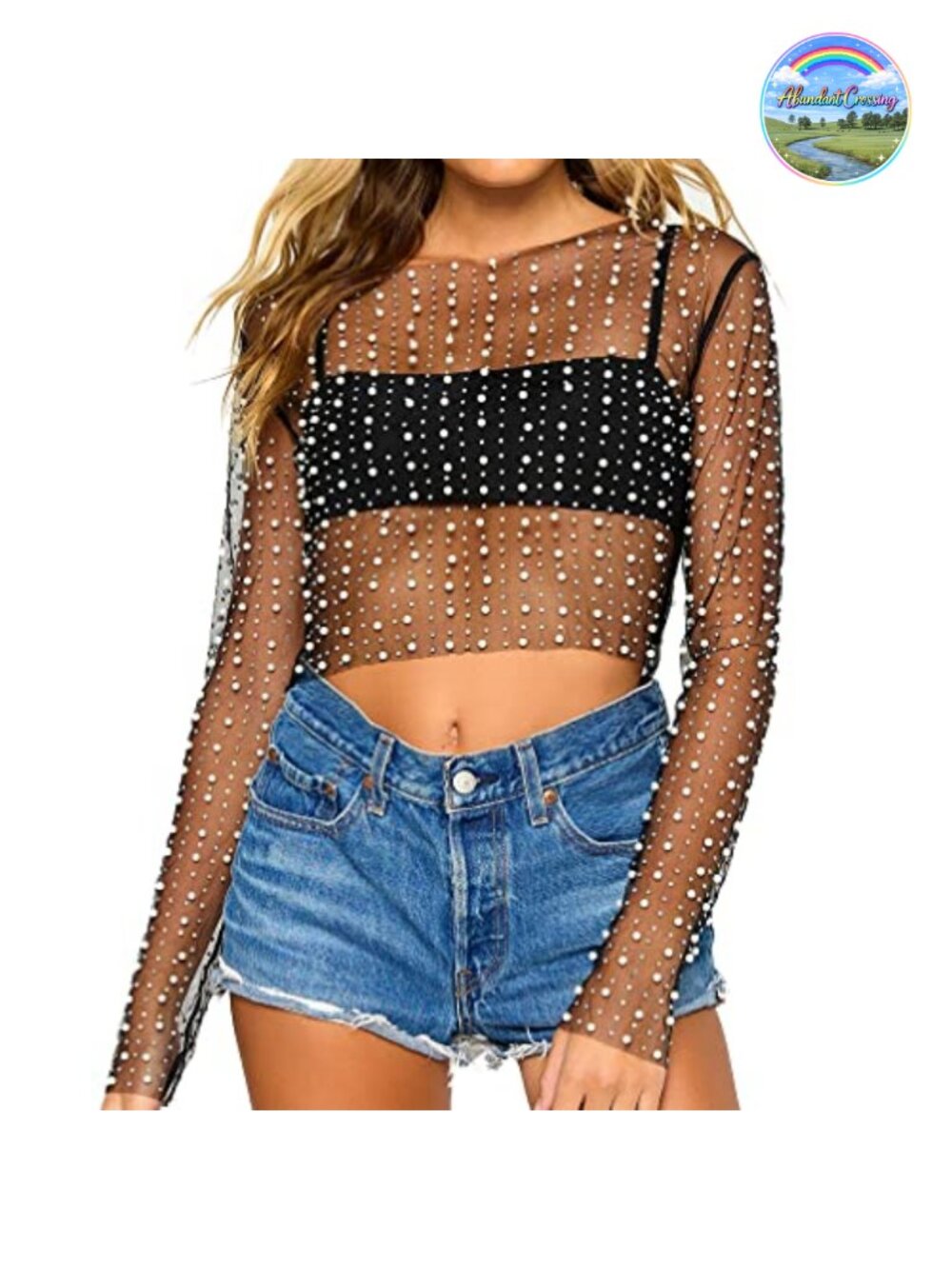 Pearl Rhinestone Sheer Mesh Crop Top See Through Long Sleeve Clubwear